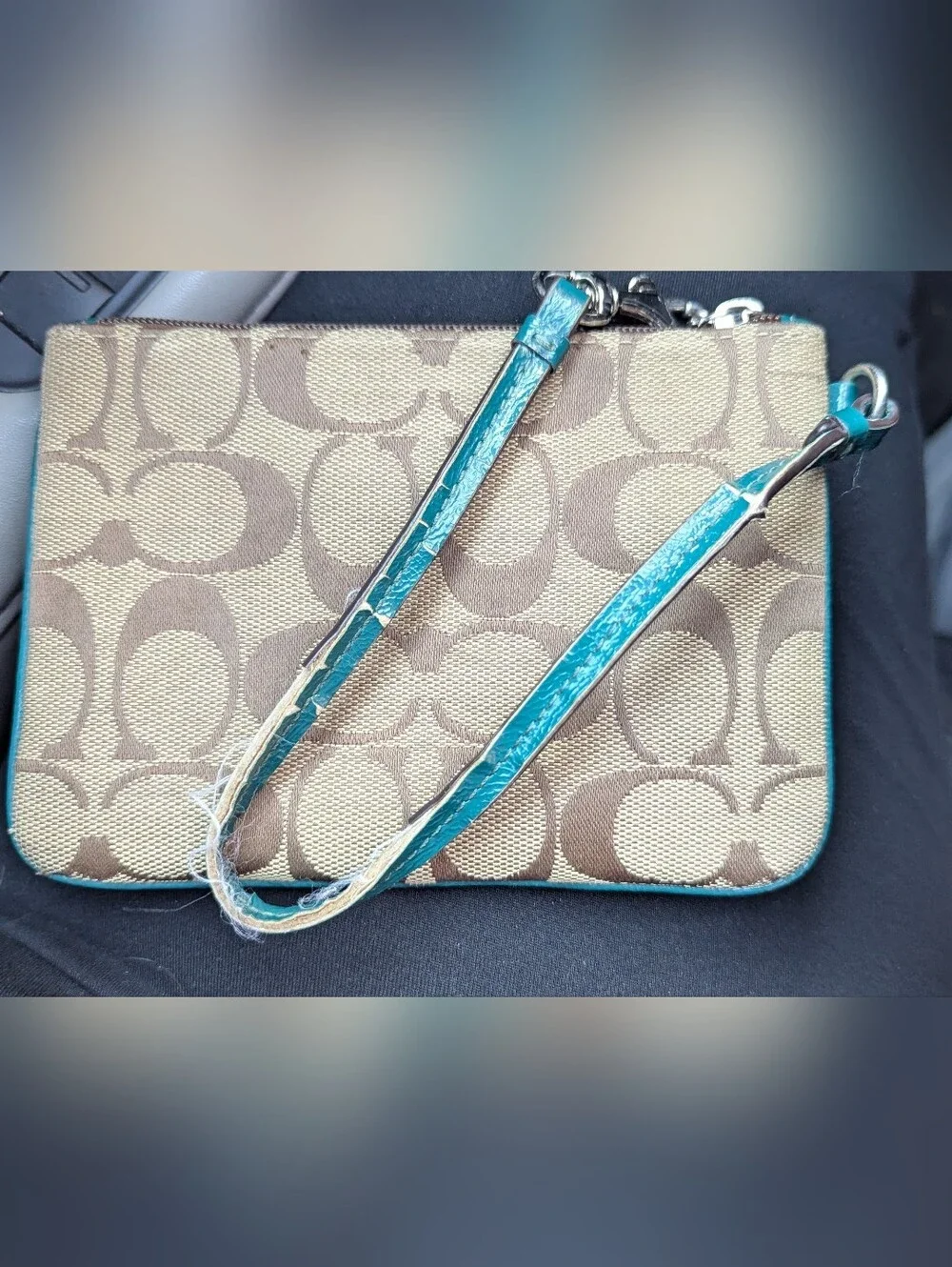 Coach Signature Canvas Wristlet in Beige with Teal Accent